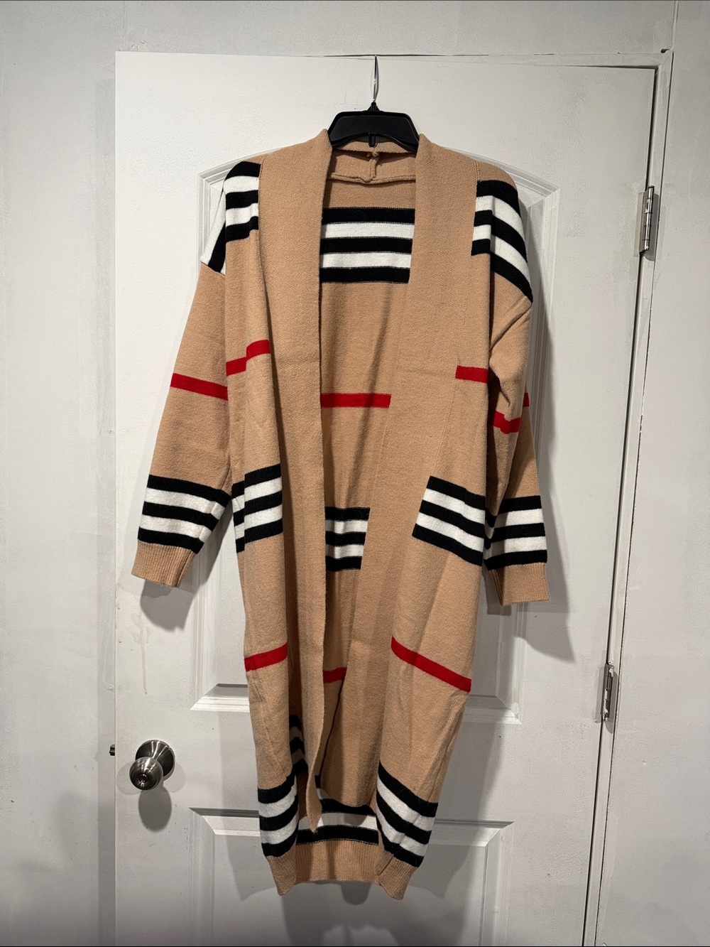 Amazon Women's Long Open Front Cardigan Sweater - Tan, Black, White, Red Stripes